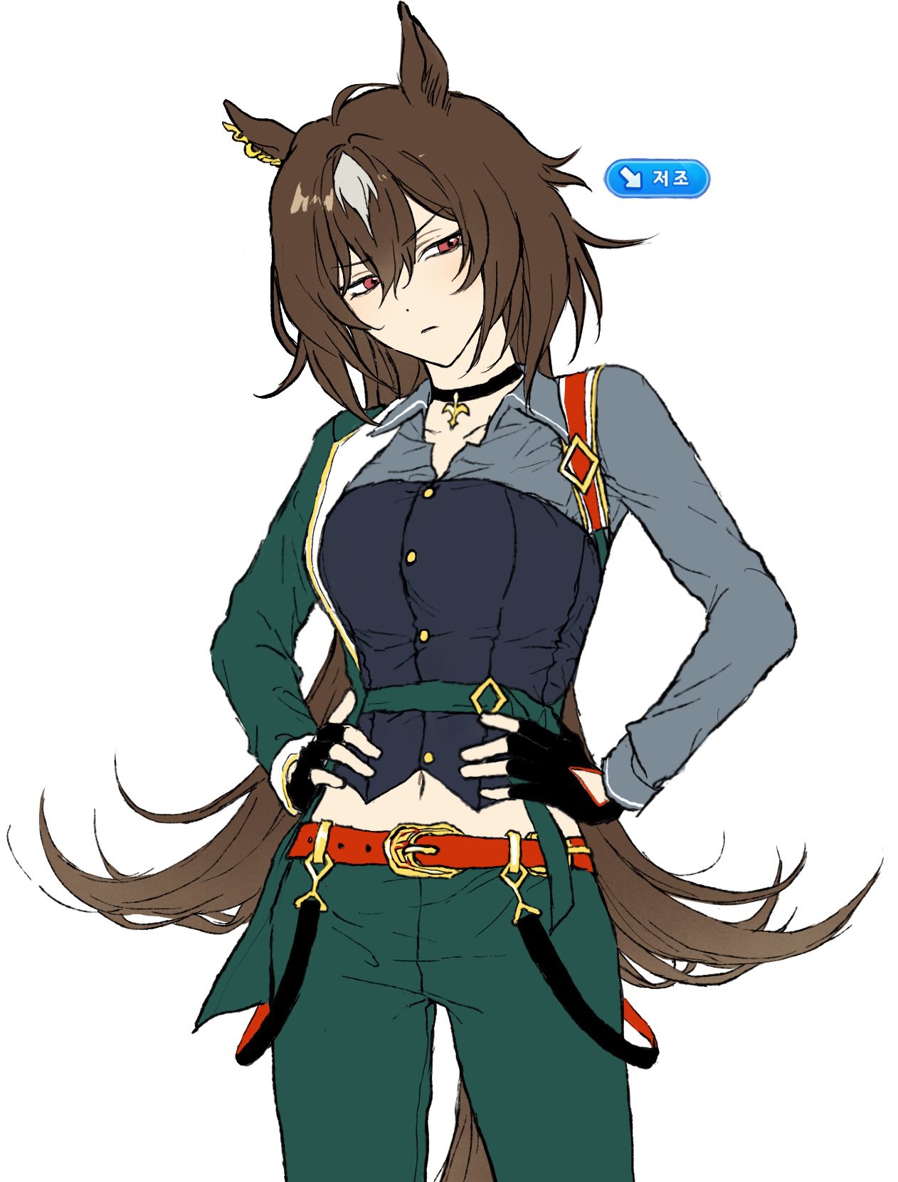 1girl, angry, animal_ears, aqua_jacket, aqua_pants, belt, black_choker, black_gloves, brown_hair, chadol_c, choker, collarbone, collared_shirt, fingerless_gloves, gloves, grey_shirt, half-jacket, hands_on_own_hips, head_tilt, highres, horse_girl, horse_tail, jacket, long_hair, looking_to_the_side, midriff, mood_(umamusume), multicolored_hair, narrowed_eyes, navel, orange_belt, pants, pendant_choker, red_eyes, shirt, shoulder_belt, simple_background, sirius_symboli_(feroce)_(umamusume), sirius_symboli_(umamusume), solo, solo_focus, streaked_hair, tail, umamusume, very_long_hair, white_background, white_hair, white_streaks