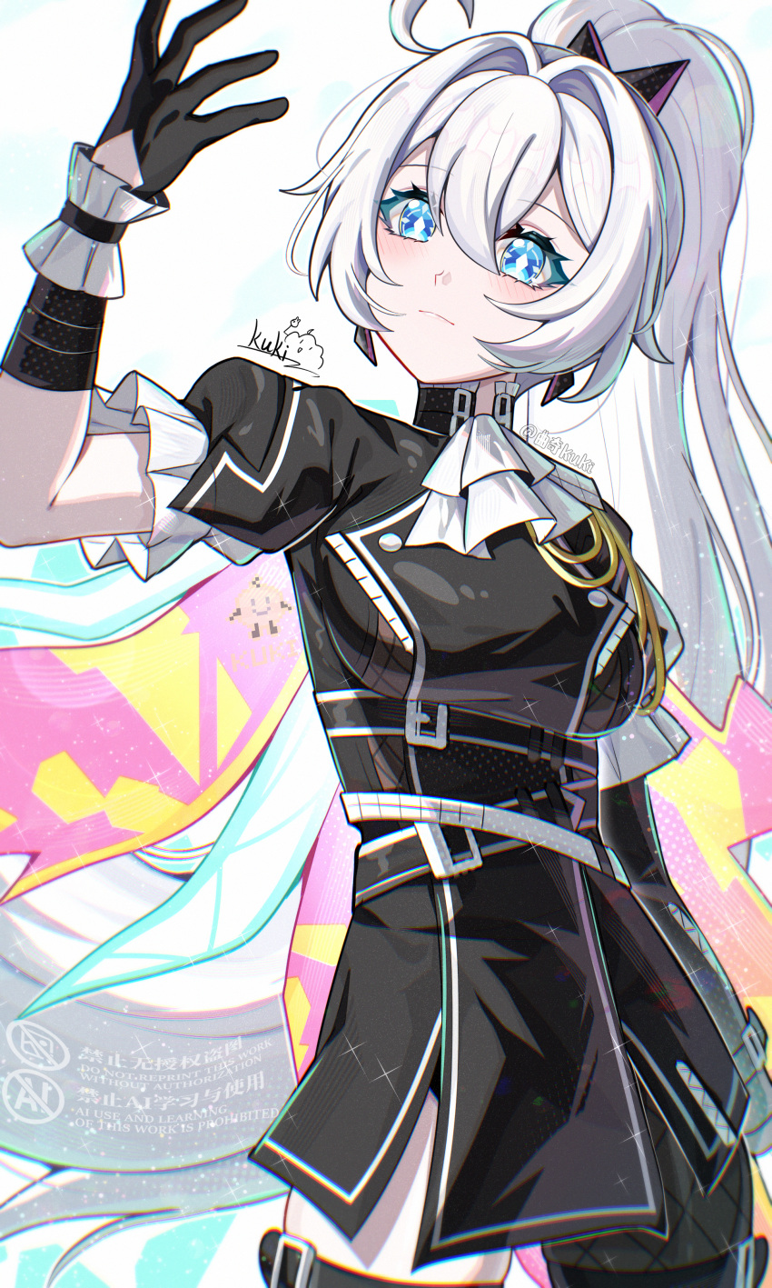 1girl, absurdres, ahoge, artist_name, black_dress, black_gloves, black_thighhighs, blue_eyes, breasts, commentary_request, cosplay, cutescookie, dress, gloves, high_ponytail, highres, honkai_(series), honkai_impact_3rd, kiana_kaslana, kiana_kaslana_(born_in_flames), kiana_kaslana_(herrscher_of_flamescion), large_breasts, lio_fotia, lio_fotia_(cosplay), long_hair, official_alternate_costume, ponytail, promare, single_thighhigh, solo, thigh-highs, very_long_hair, white_hair