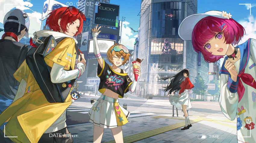 2boys, 3girls, absurdres, alternate_costume, arai_motoha, bag, baseball_cap, black_bag