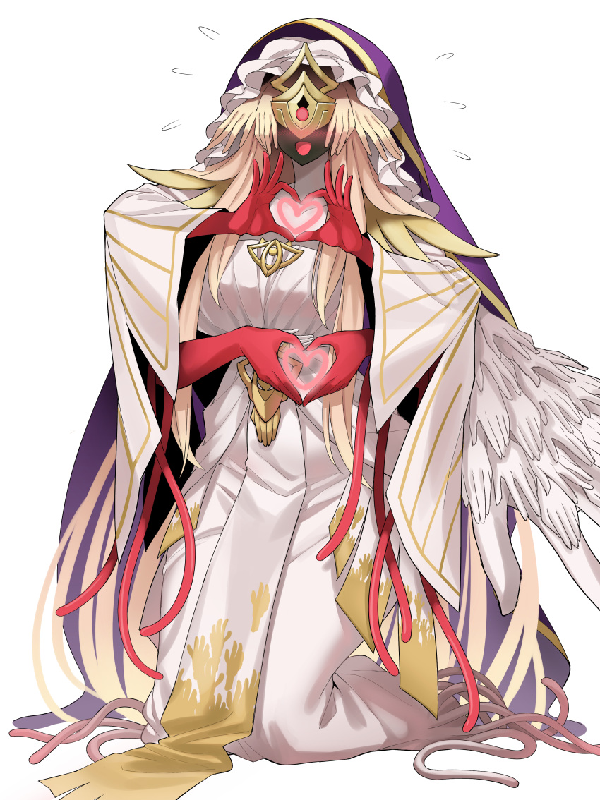 1girl, absurdres, blush, breasts, commentary_request, covered_face, dress, duel_monster, extra_arms, extra_hands, eye_mask, full_body, grey_dress, hands_hair, hecahands_yadel, highres, huge_breasts, long_hair, looking_at_viewer, mask, simple_background, single_wing, smile, solo, tentacle_hair, too_many_hands, white_background, wings, yu-gi-oh!, yxzzbg