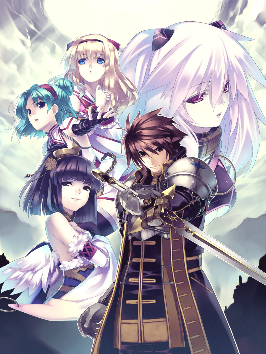 absurdres, agarest_senki, agarest_senki_zero, aqua_hair, armor, bangs, bare_shoulders, black_hair