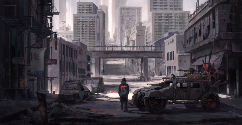 1other, abandoned, absurdres, ambiguous_gender, black_hoodie, bridge, building, car, day, from_behind, highres, hood, hood_up, hoodie, hutao_li, lamppost, military_vehicle, motor_vehicle, original, outdoors, post-apocalypse, road, scenery, skyscraper, urban, very_wide_shot, walking