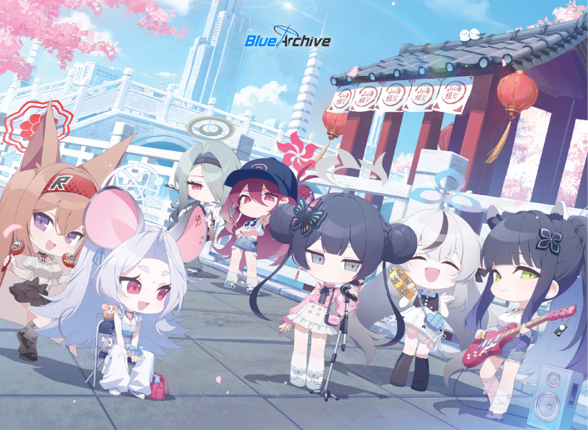 6+girls, alternate_costume, animal_ears, baseball_cap, blue_archive, blue_sky, boots, chibi