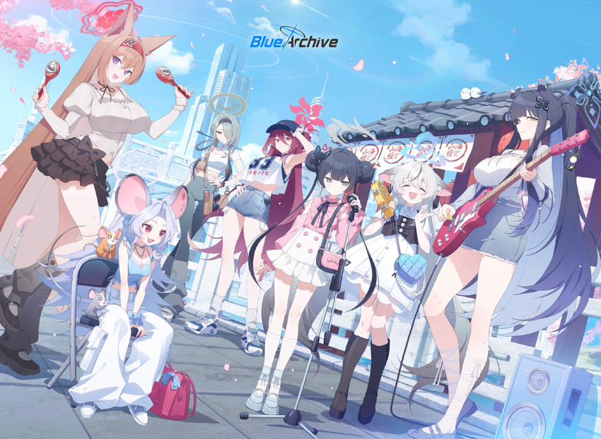 6+girls, alternate_costume, animal_ears, baseball_cap, blue_archive, blue_sky, boots, closed_eyes