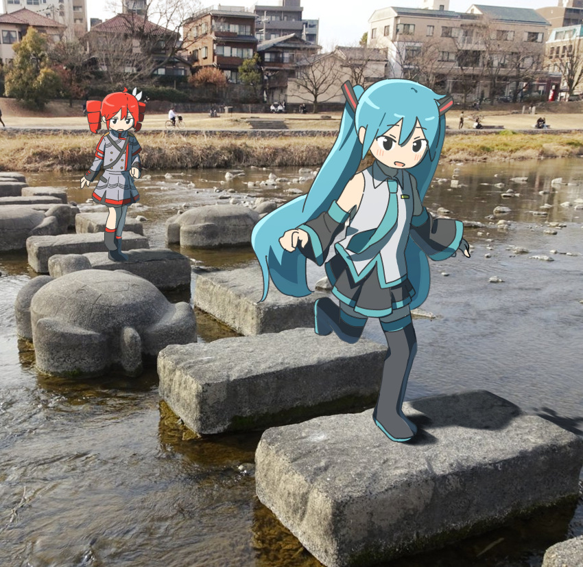 2girls, absurdres, aqua_hair, aqua_necktie, aqua_trim, auhuheben17, black_boots, black_eyes