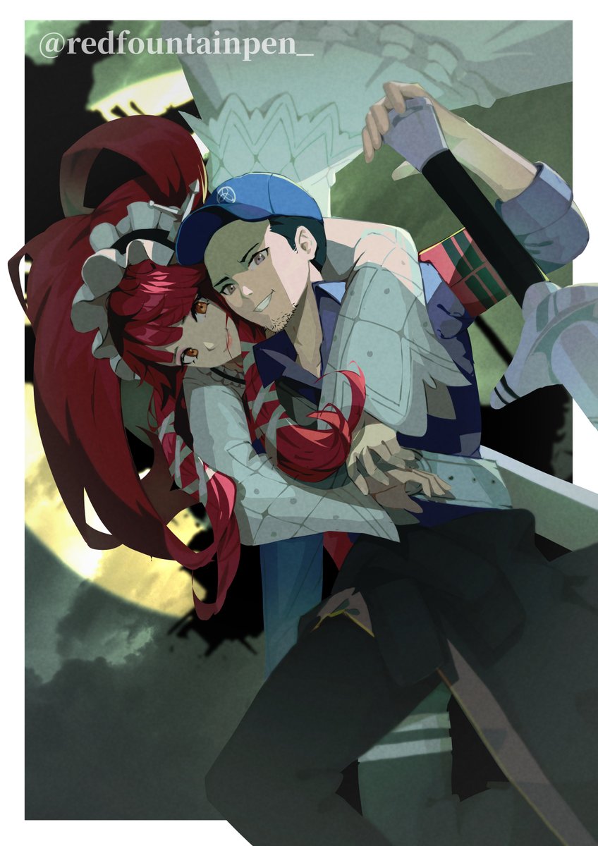 1boy, 1girl, armband, baseball_cap, black_hair, black_pants, blue_shirt, closed_mouth
