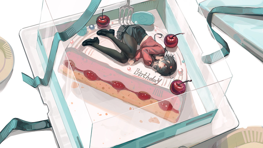 1girl, absurdres, ahoge, aqua_ribbon, birthday_cake, black_hair, black_pantyhose, black_sailor_collar, black_shoes, black_skirt, cake, cherry, chinese_commentary, commentary_request, finger_to_mouth, food, fork, fruit, hair_ornament, highres, indie_virtual_youtuber, lance_no_lot, loafers, long_sleeves, looking_at_viewer, lying, midriff, mini_person, minigirl, on_food, on_side, pantyhose, pastry_box, red_eyes, ribbon, sailor_collar, sailor_shirt, school_uniform, shirt, shoes, skirt, solo, virtual_youtuber, yellow_shirt, yousa