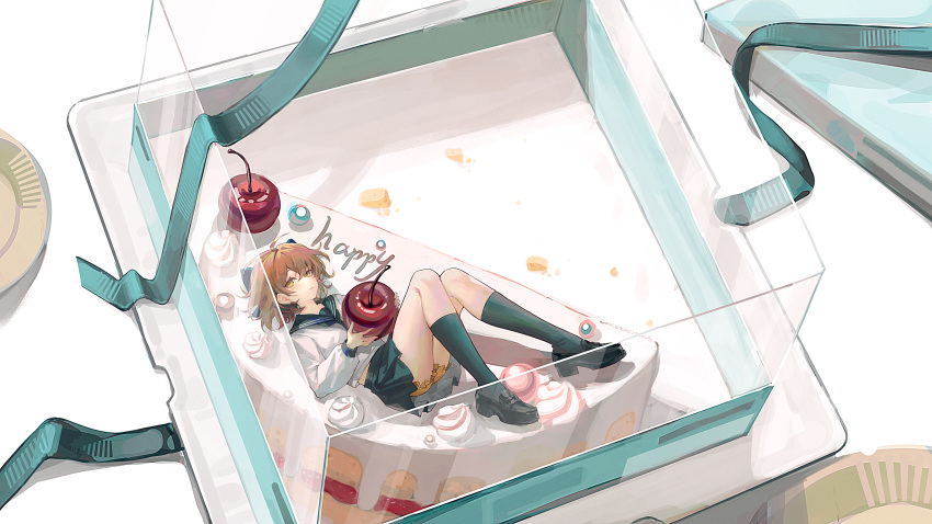 1girl, absurdres, ahoge, aqua_ribbon, birthday_cake, black_sailor_collar, black_shoes, black_skirt