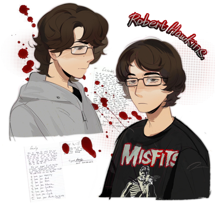 1boy, :|, aged_down, animification, arms_at_sides, black-framed_eyewear, black_eyes, black_shirt
