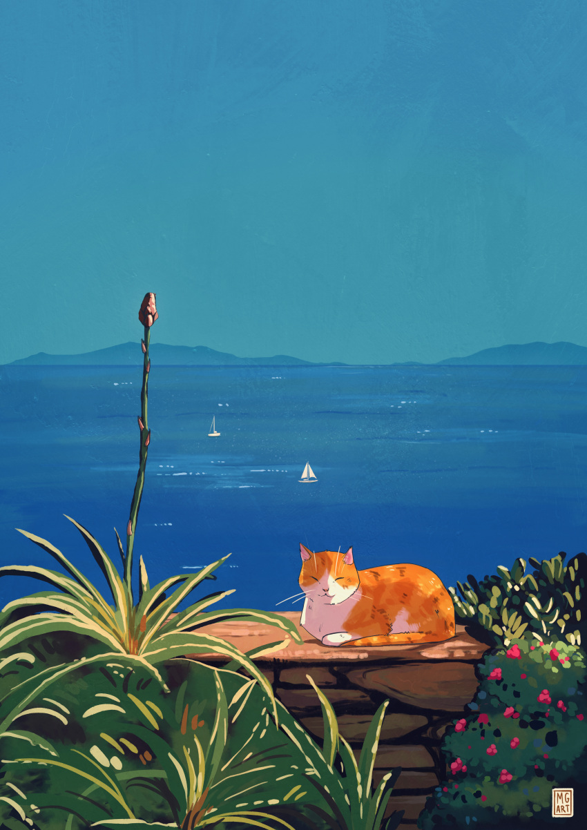 absurdres, animal, artist_logo, artist_name, blue_sky, boat, bush, cat