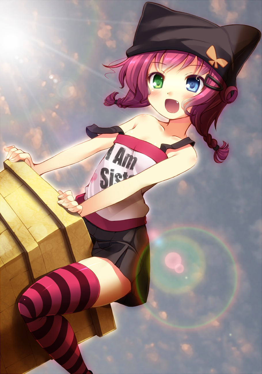 bad_id, blue_eyes, blush, braid, cornet_mariveninne, english, fang, green_eyes, hat, heterochromia, highres, komone_ushio, open_mouth, original, pink_hair, short_hair, skirt, solo, strap_slip, striped, striped_legwear, striped_thighhighs, thigh-highs, thighhighs, twin_braids, zettai_ryouiki