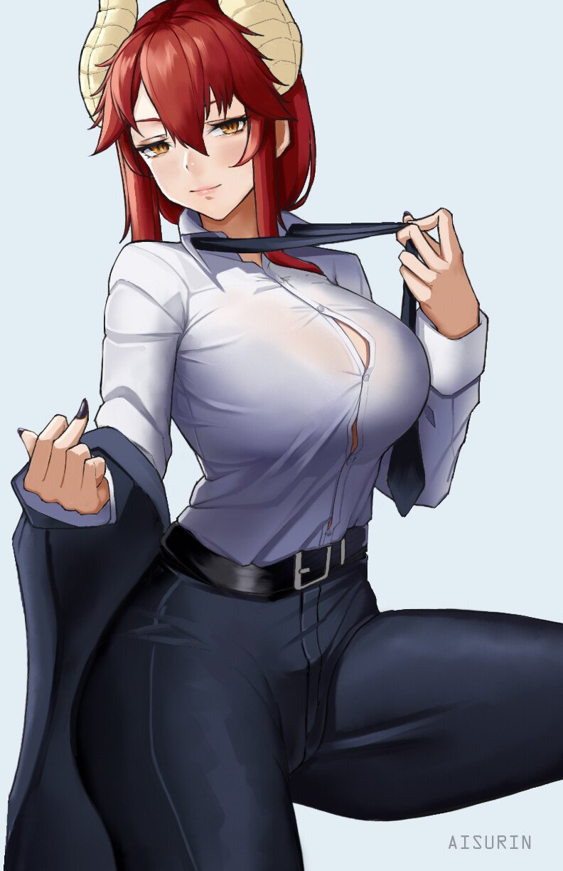 aisurin1st, alternate_costume, belt, black_belt, black_jacket, black_nails, black_necktie, black_pants, closed_mouth, commentary, dragon_girl, dragon_horns, english_commentary, highres, horns, jacket, middle_finger, nail_polish, necktie, pants, red_hair, shirt, smile, solo, virtual_youtuber, vshojo, white_background, white_shirt, yellow_eyes, zentreya, zentreya_(dragon)