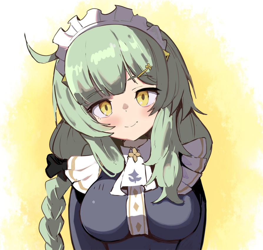 1girl, braid, breasts, closed_mouth, commentary_request, green_hair, hair_ornament, hairclip