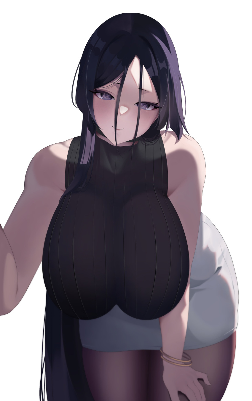 absurdres, breasts, fate/grand_order, fate_(series), highres, huge_breasts, long_hair, looking_at_viewer, mild, minamoto_no_raikou_(fate), pantyhose, parted_bangs, pov, purple_hair, simple_background, skirt, slob_slime, smile, very_long_hair, violet_eyes, white_background