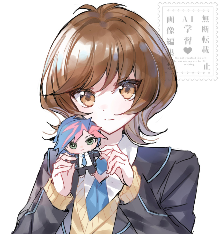 1girl, ameko0617, black_jacket, blue_necktie, brown_eyes, brown_hair, character_doll, closed_mouth