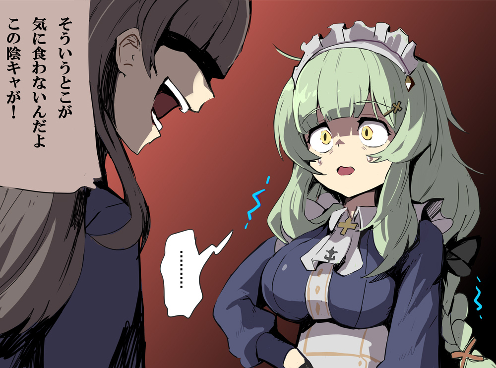 ..., 2girls, black_bow, blue_shirt, bow, braid, brown_hair, commentary_request