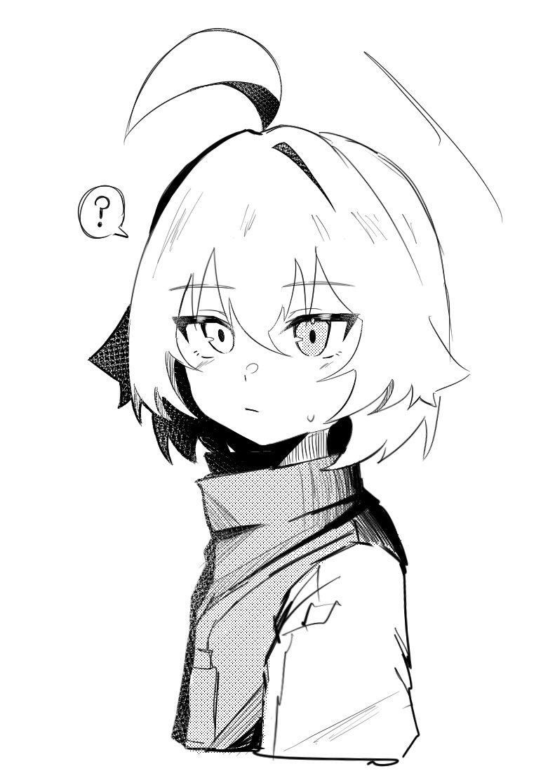 1girl, ?, ahoge, blue_archive, commentary_request, hakuita, hoshino_(blue_archive), hoshino_(first_year)_(blue_archive), huge_ahoge, monochrome, short_hair, simple_background, solo, spoken_question_mark, tagme, white_background