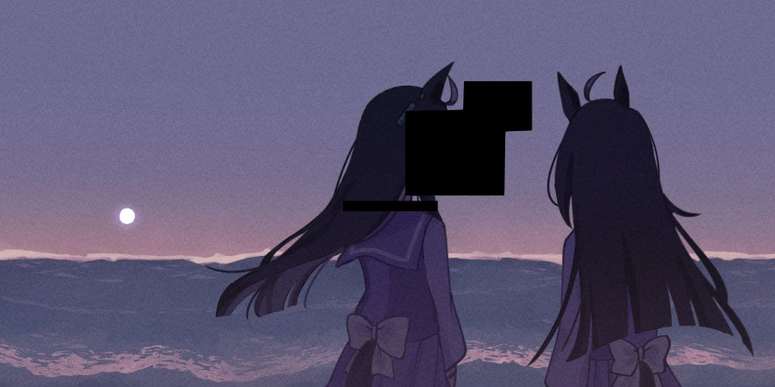 2girls, ahoge, animal_ear_piercing, animal_ears, beach, black_hair, blunt_ends, bow