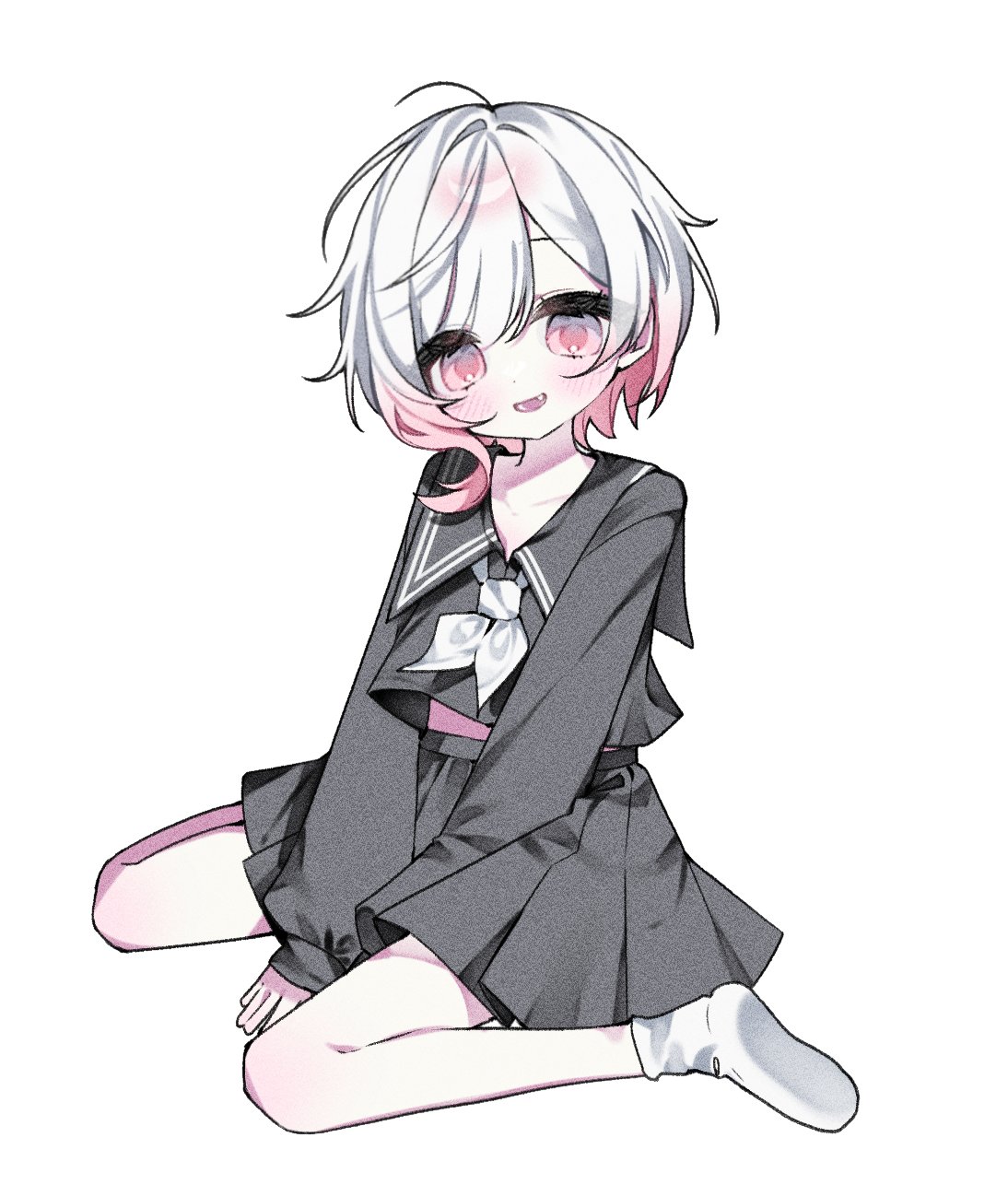 1girl, between_legs, black_serafuku, black_shirt, black_skirt, commentary, fang, full_body