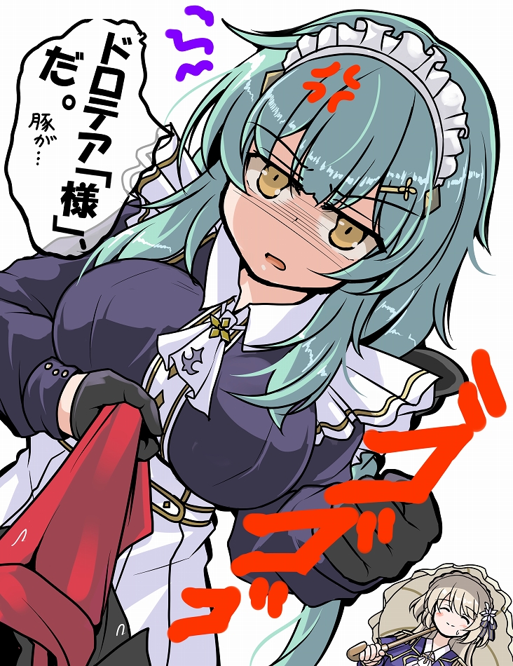 1boy, 2girls, anger_vein, annoyed, black_bow, black_gloves, black_shirt, blonde_hair