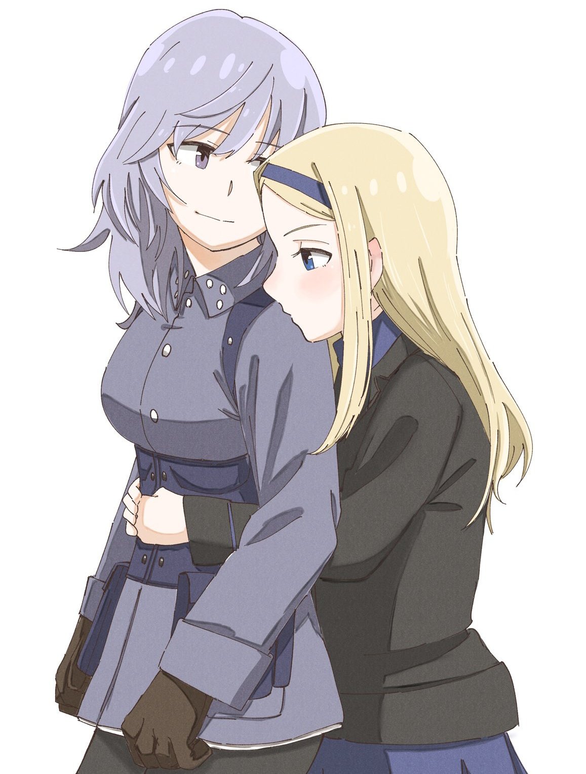 2girls, aleksandra_i._pokryshkin, aurora_e._juutilainen, black_jacket, black_pantyhose, blonde_hair, blue_jacket, blue_shirt