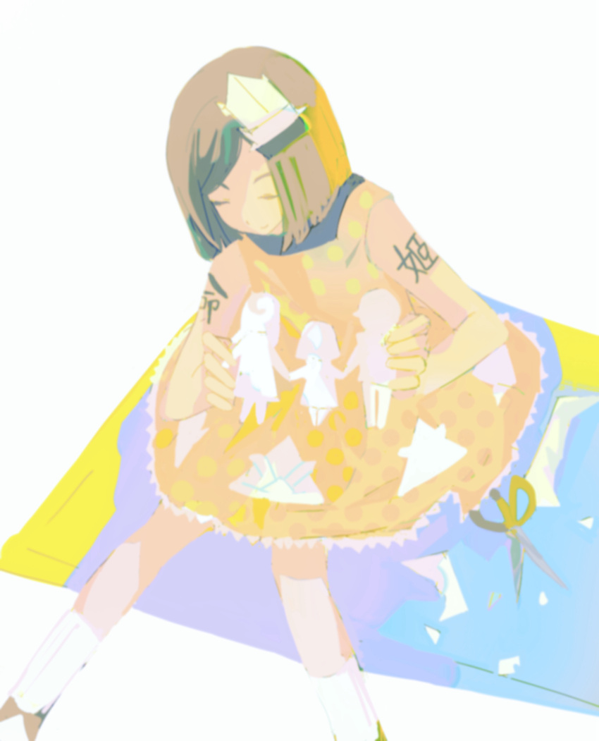 1boy, arm_tattoo, bob_cut, brown_hair, closed_eyes, closed_mouth, commentary, dress