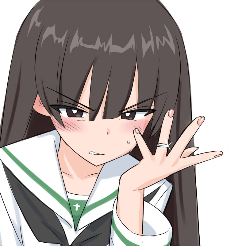 1girl, black_eyes, black_hair, black_sailor_collar, blush, collarbone, commentary_request, embarrassed