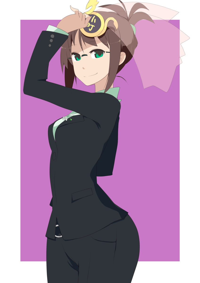 absurdres, akizuki_ritsuko, arm_up, brown_hair, formal, glasses, green_eyes, hair_up