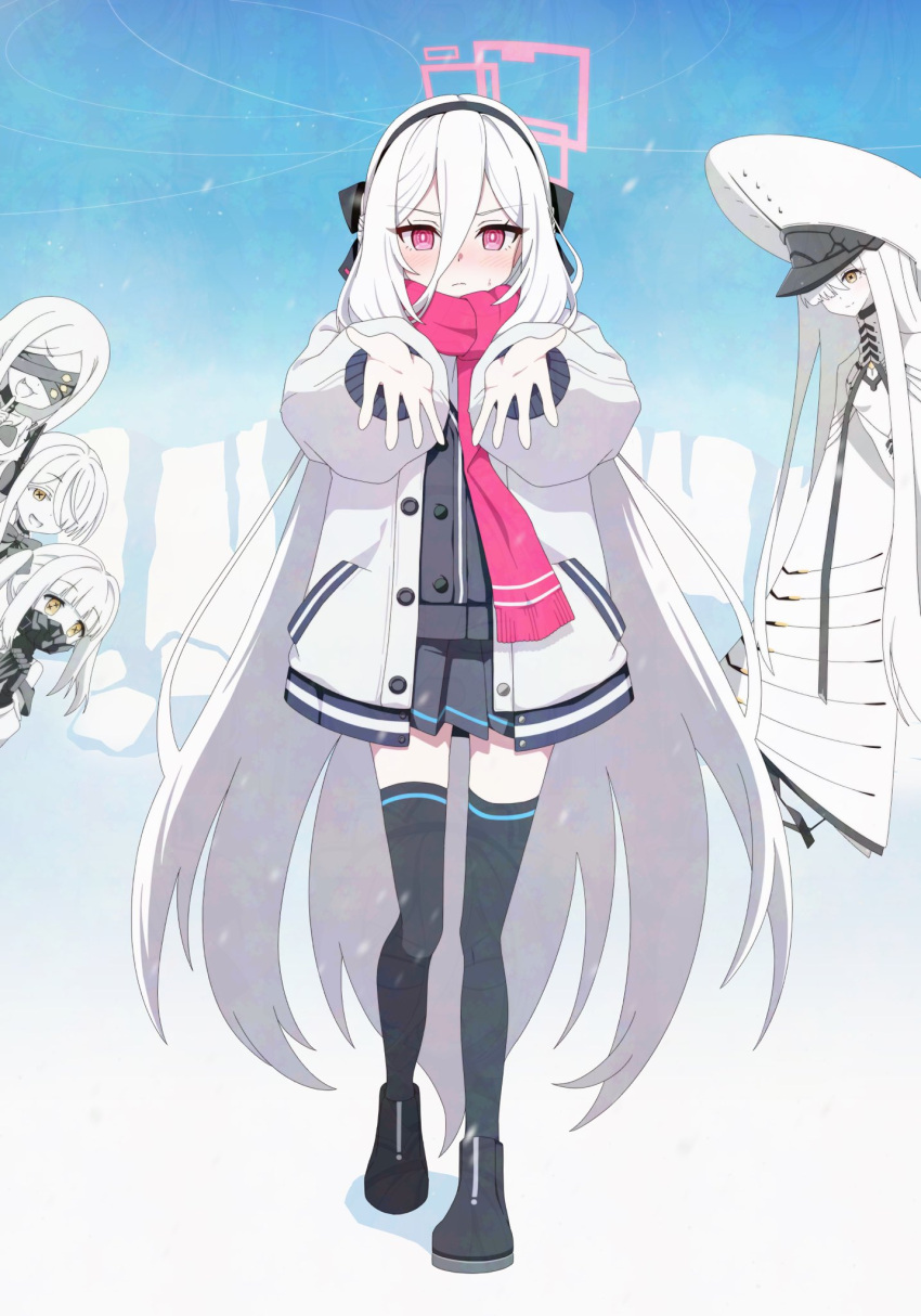 5girls, adversarial_noise, black_hairband, black_ribbon, black_skirt, black_thighhighs, blindfold, blue_archive, blush, colored_skin, commentary_request, covered_eyes, double-parted_bangs, ein_(blue_archive), extra_pupils, hair_between_eyes, hair_over_one_eye, hair_ribbon, hairband, halo, highres, jacket, kei_(blue_archive), kei_(student)_(blue_archive), large_hat, long_hair, long_hair_between_eyes, looking_at_viewer, malkuth_(blue_archive), mask, multiple_girls, ohr_(blue_archive), okazu_(k4z0927), open_mouth, pink_eyes, pink_halo, pink_scarf, pleated_skirt, rectangular_halo, respirator, ribbon, ringed_eyes, scarf, siblings, skirt, smile, sof_(blue_archive), symbol-shaped_pupils, thigh-highs, triplets, very_long_hair, white_hair, white_jacket, white_skin, white_tongue, x-shaped_pupils, zettai_ryouiki