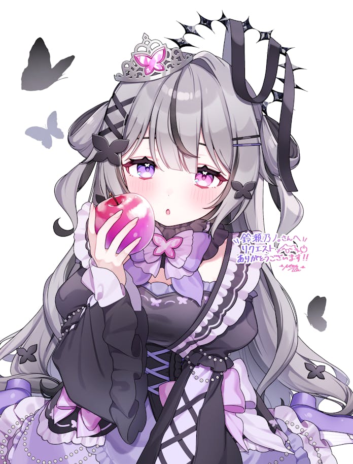 1girl, apple, black_butterfly, blush, bow, bowtie, bug, butterfly, butterfly_hair_ornament, butterfly_in_eye, commentary_request, commission, corset, crown, dress, food, frilled_dress, frilled_sleeves, frills, fruit, goth_fashion, gothic_lolita, grey_hair, hair_ornament, halo, heterochromia, holding, holding_food, holding_fruit, iriam, lolita_fashion, long_hair, magical_girl, mainemu_izu, shoes, skeb_commission, suzuse_nonomaru, virtual_youtuber, white_background, wide_sleeves, x_hair_ornament