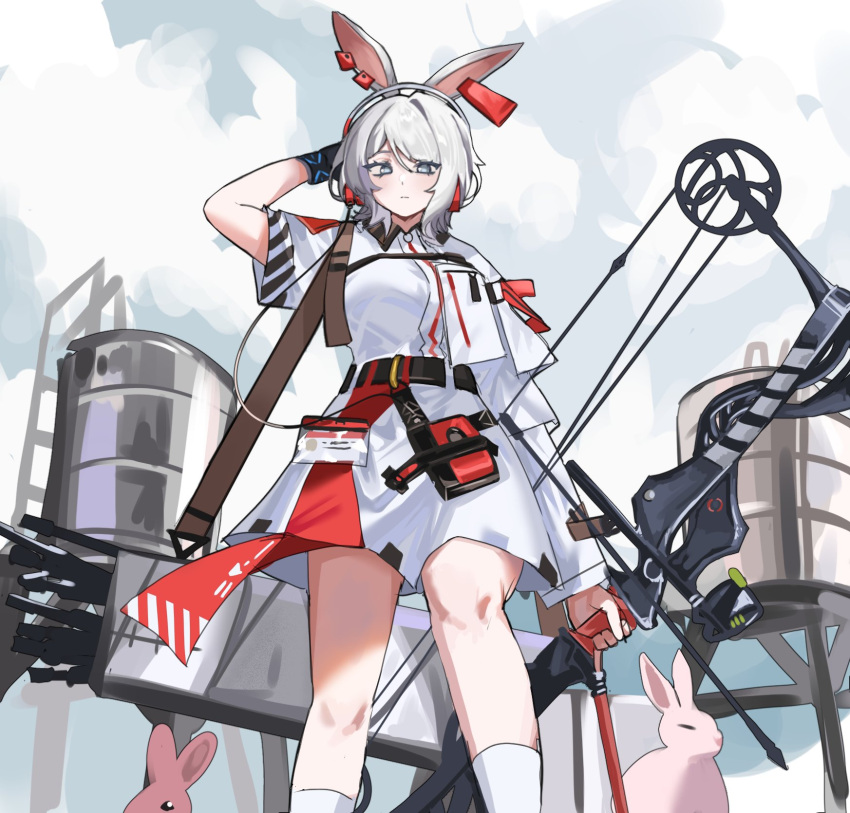 1girl, animal_ear_piercing, animal_ears, april_(arknights), april_(arknights)_(cosplay), arknights, arrow_(projectile), blue_eyes, blue_sky, blush, bow_(weapon), bracelet, breasts, clouds, cloudy_sky, commentary, compound_bow, cosplay, dress, ear_tag, english_commentary, faust_(project_moon), feet_out_of_frame, full_body, hand_up, highres, holding, holding_bow_(weapon), holding_weapon, id_card, infection_monitor_(arknights), jewelry, kemonomimi_mode, limbus_company, looking_at_viewer, outdoors, project_moon, quiver, rabbit, rabbit_ears, rabbit_girl, short_hair, short_sleeves, sky, small_breasts, solo, sostenudo, standing, water_tower, weapon, white_dress, white_hair