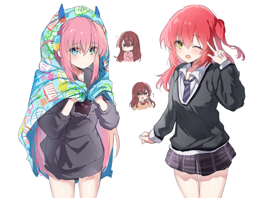 3girls, :d, ;d, black_skirt, black_sweater, blue_eyes, blue_necktie, blush