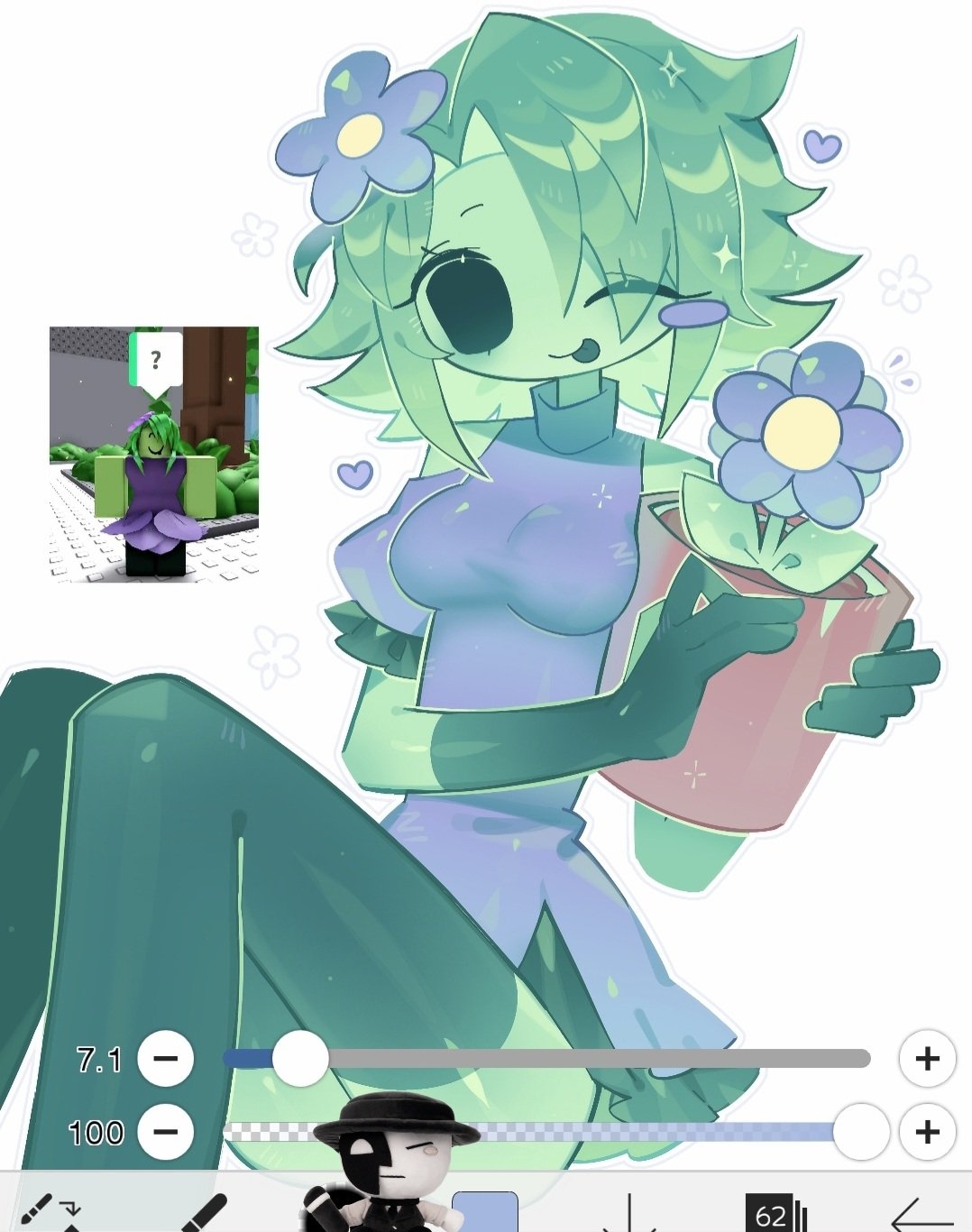 1018sus, 1girl, :p, ;p, ?, art_program_in_frame, artful_(die_of_death), bare_shoulders