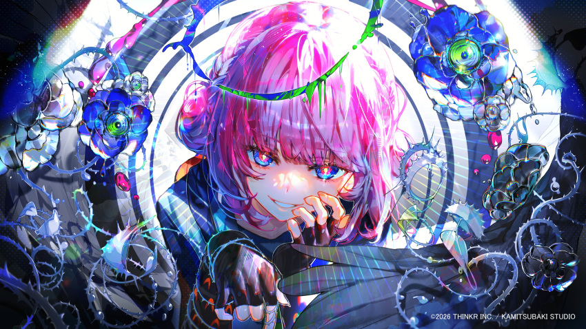 1girl, absurdres, anon_qwat, black_gloves, blue_eyes, blue_flower, blue_hoodie, blue_rose
