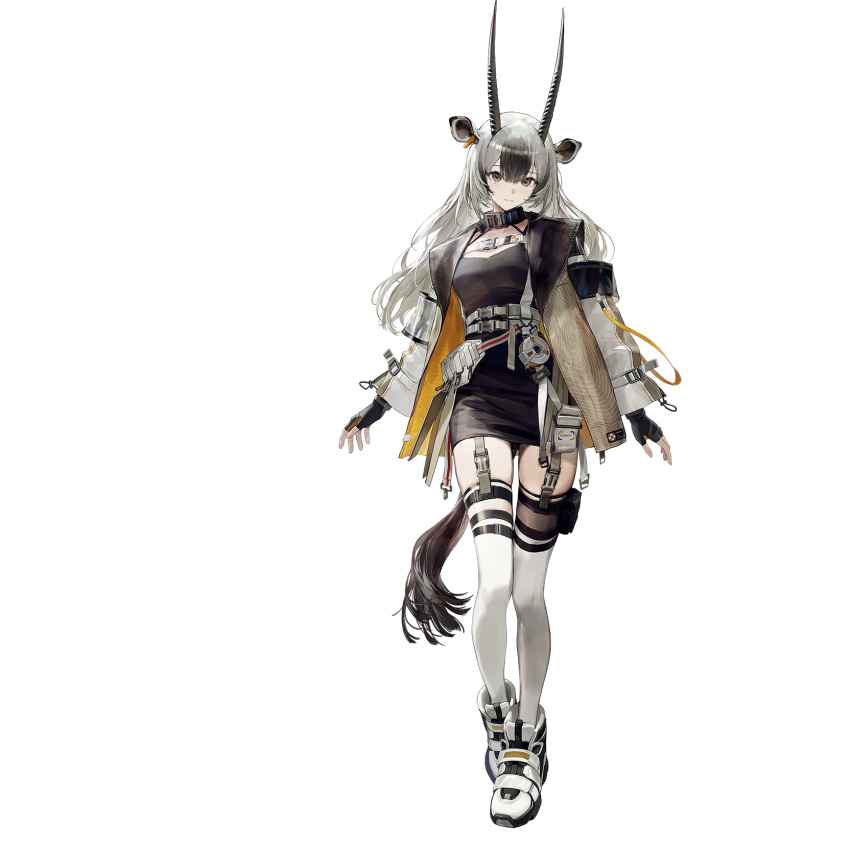 1girl, animal_ears, arknights, black_dress, black_gloves, chest_harness, closed_mouth, coat