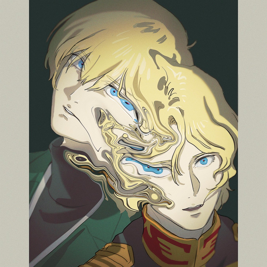 2boys, blonde_hair, blue_eyes, char_aznable, gundam, gundam_gquuuuuux, highres, jacket