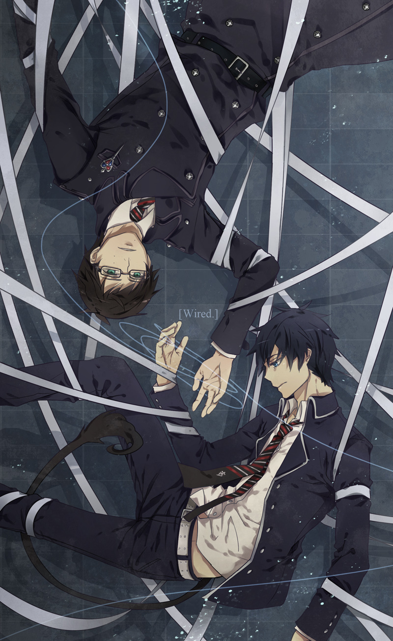 belt, black_hair, blue_eyes, brothers, glasses, highres, kome_kako, male