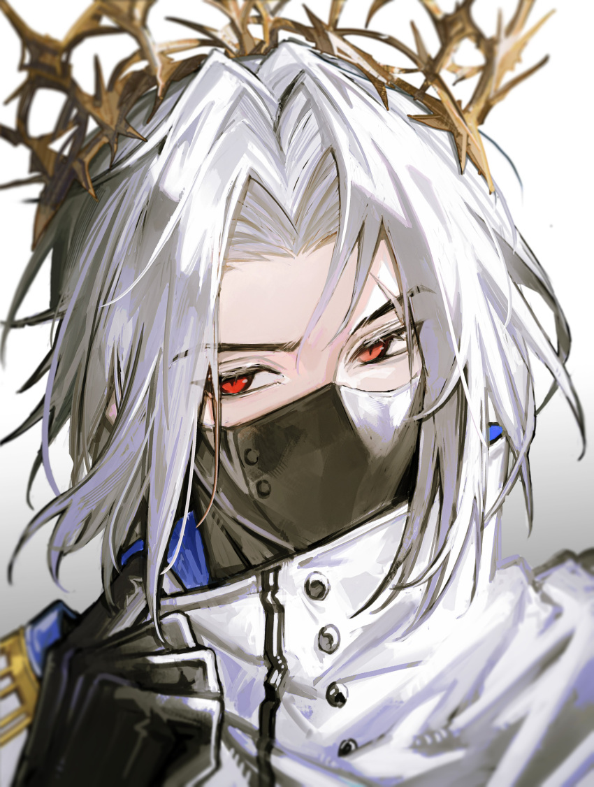 1boy, absurdres, adjusting_clothes, ambience_synesthesia, arknights, black_mask, chinese_commentary, commentary_request