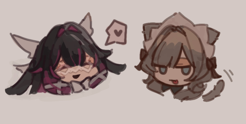 2girls, :p, animal_ears, black_hair, blunt_bangs, brown_hair, brown_headdress, cat_ears