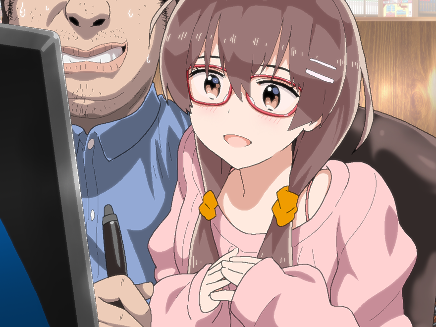 1boy, 1girl, ahoge, anime_coloring, blue_shirt, blush, breasts, brown_eyes