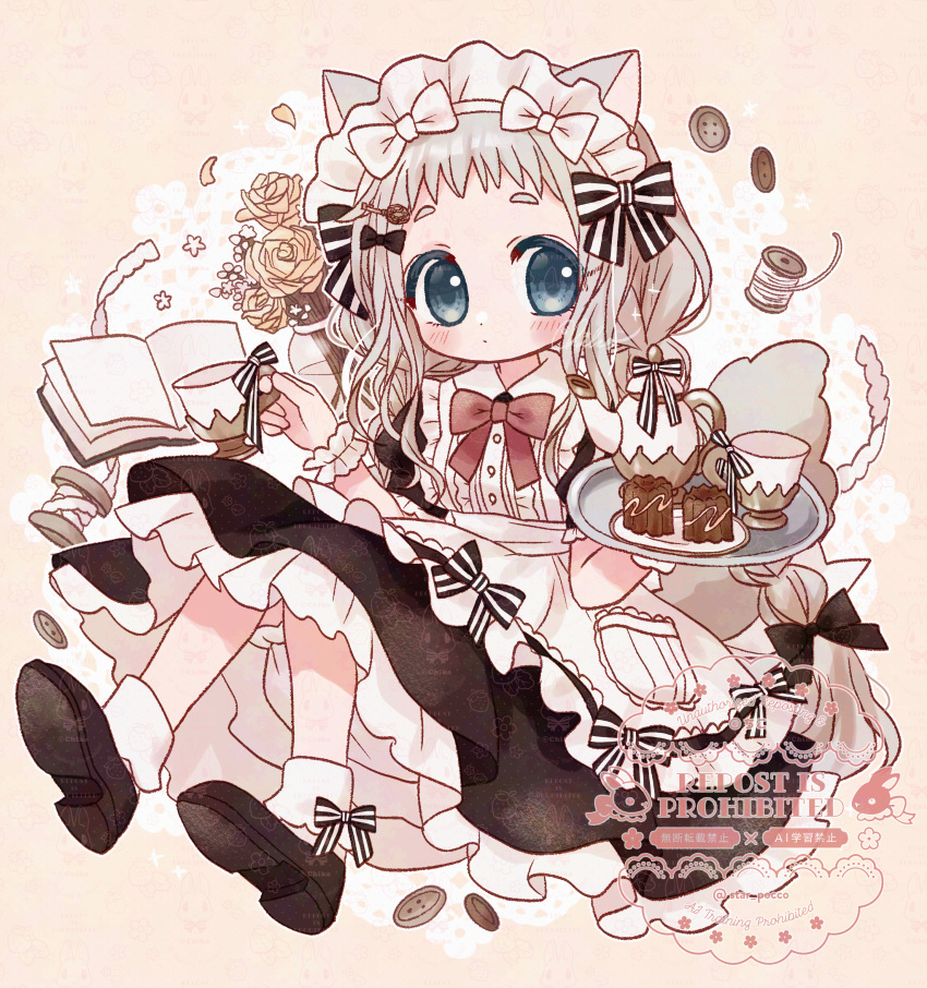 1girl, absurdres, animal_ears, apron, black_bow, black_dress, blue_eyes, book, bow, cat_ears, chiko_(star_pocco), commentary_request, cup, dot_nose, dress, flower, food, frills, full_body, grey_hair, highres, holding, long_hair, looking_at_viewer, maid, maid_apron, maid_headdress, multicolored_bow, original, plate, rose, striped_bow, too_many_bows, wavy_hair