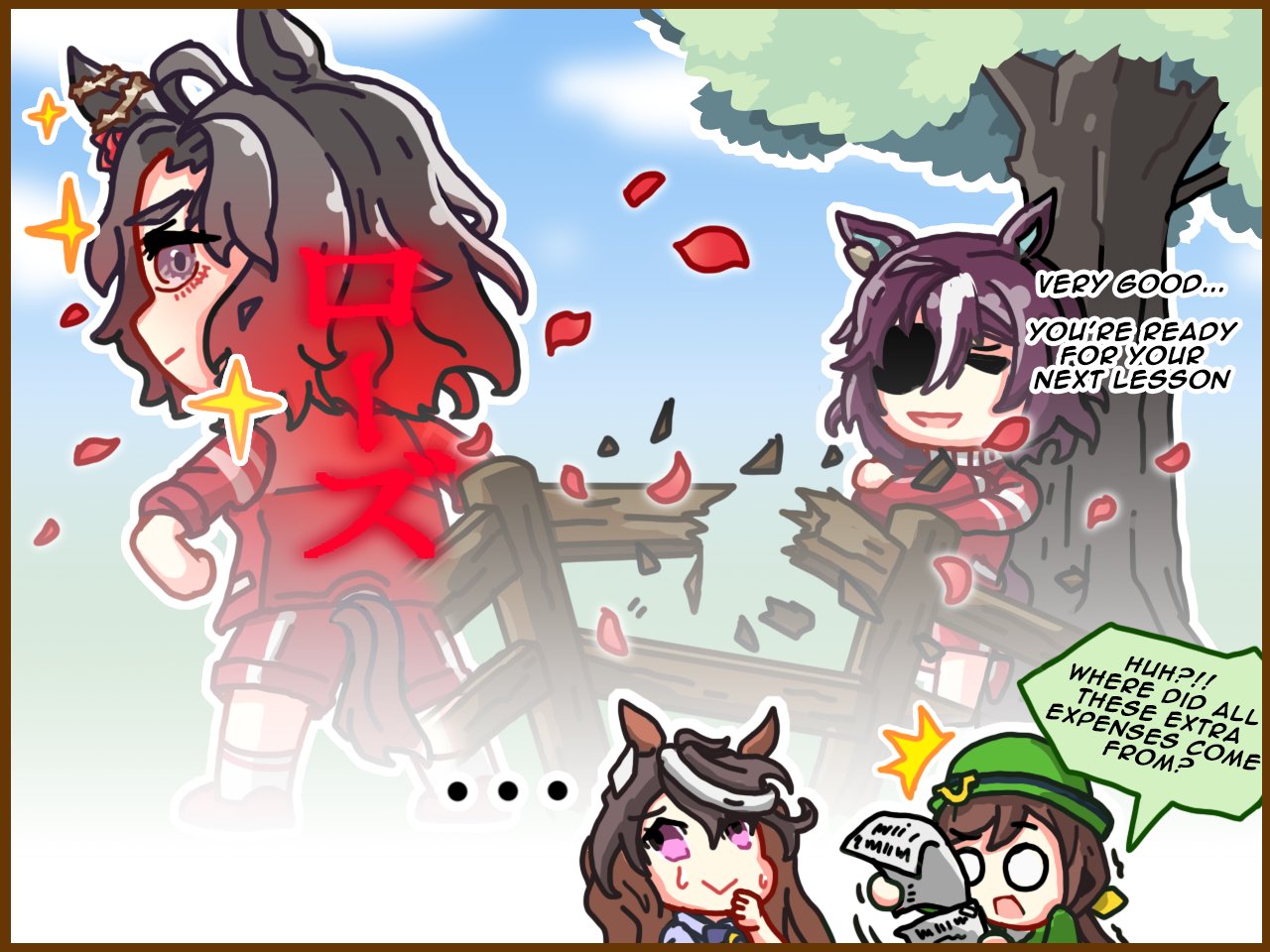 commentary, ear_ornament, english_commentary, english_text, eyepatch, fence, flower, hayakawa_tazuna