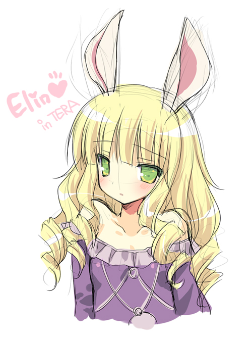 bare_shoulders, blonde_hair, bunny_ears, drill_hair, elin, elin_(tera), emily_(artist), emily_(pure_dream), emily_(sstomomi), green_eyes, long_hair, ring_hair, simple_background, sketch, solo, tera_online