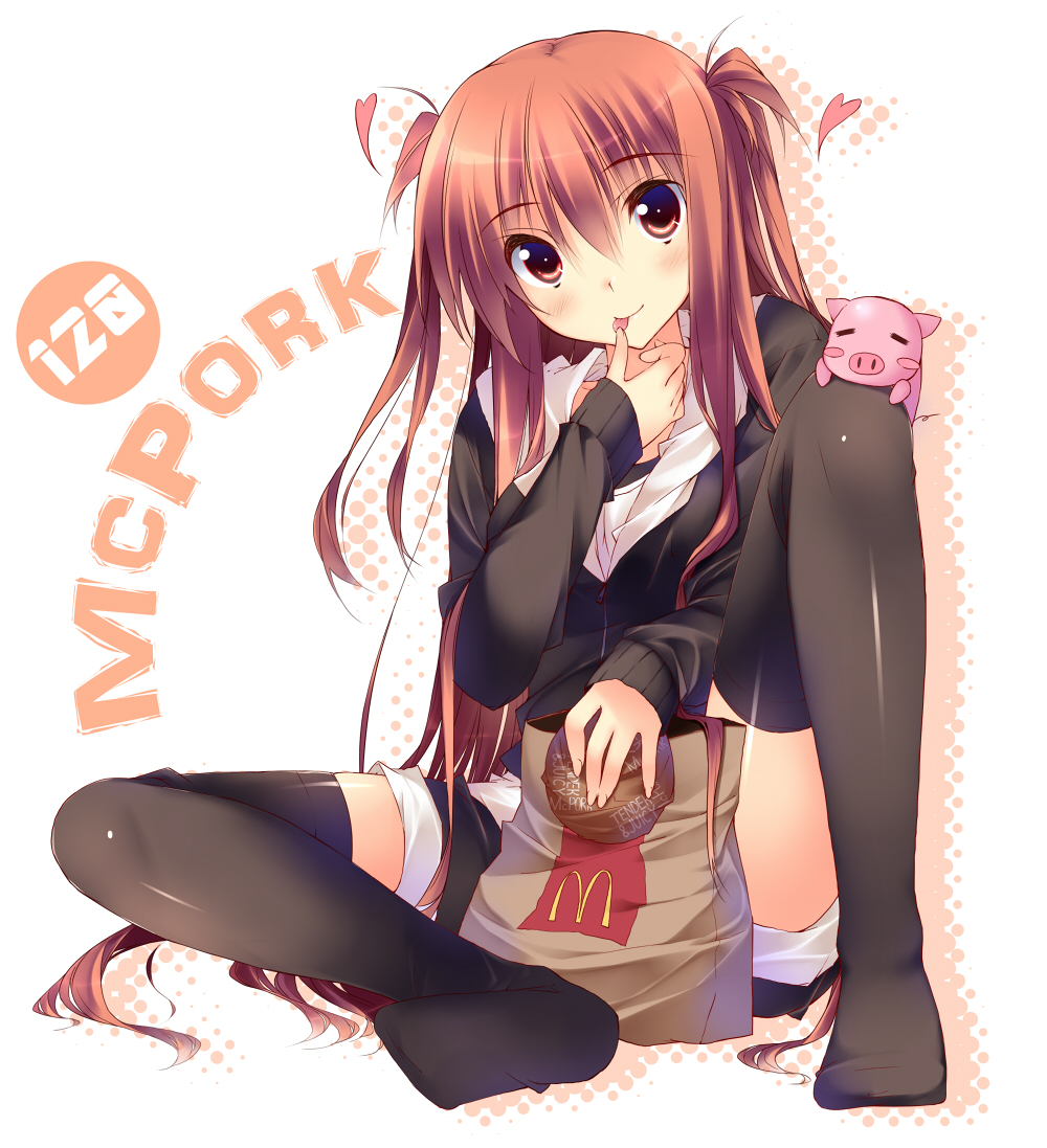 blush, blush_stickers, brown_eyes, brown_hair, heart, kuwashima_rein, licking, mcdonald's