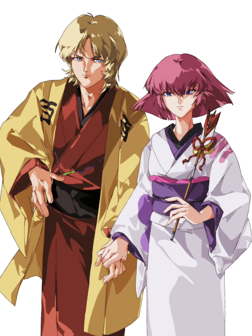 1boy, 1girl, alternate_costume, arrow_(projectile), black_sash, blonde_hair, blue_eyes, char_aznable