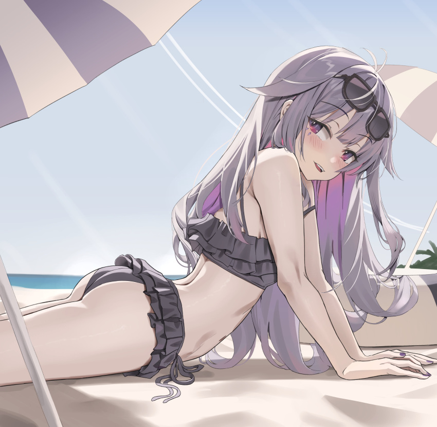 1girl, absurdres, beach, bikini, blush, gem, grey_hair, highres