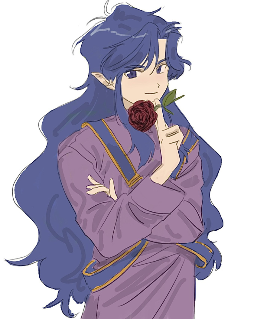 1boy, between_fingers, bishounen, blue_eyes, blue_hair, closed_mouth, commentary, flower