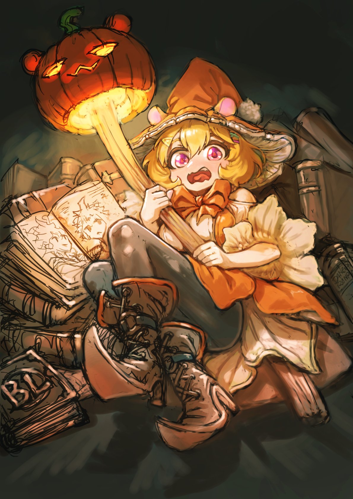 1girl, alternate_costume, animal_ears, black_leggings, blonde_hair, blush, book, boots