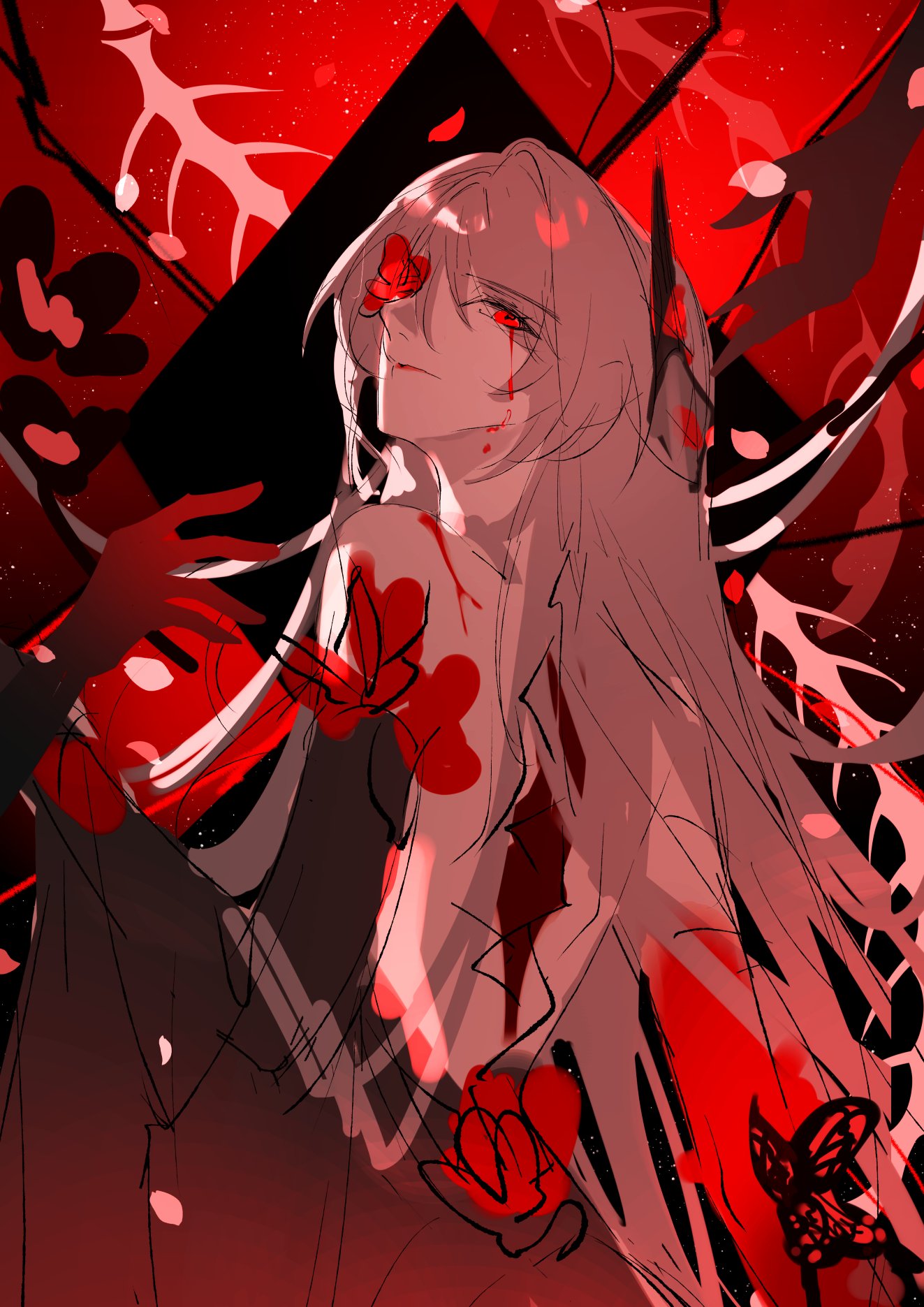 1girl, acheron_(honkai:_star_rail), acheron_(slashed_dream)_(honkai:_star_rail), azuriel, bare_shoulders, black_sleeves, blood, blood_from_eyes