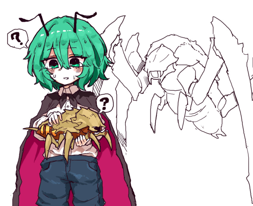 1girl, ?, antennae, black_cape, blue_pants, blush, bug, cape